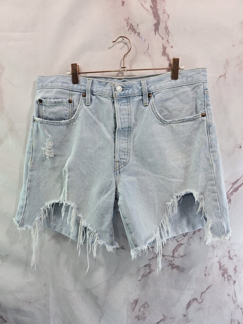 Levis Shorts Womens 32 Jean 501 Denim High Rise Light Wash Button Fly Ripped